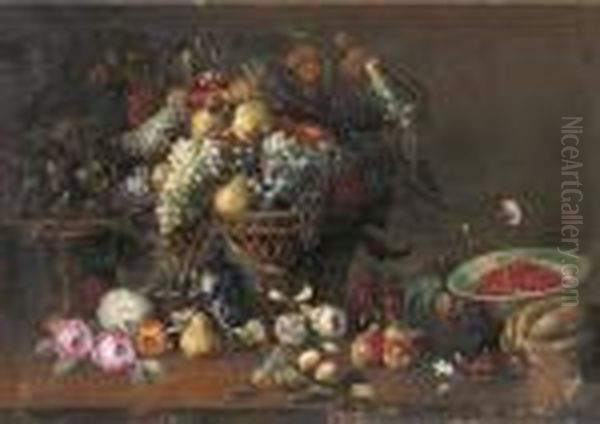 Pears, Grapes, Plums, Apricots
And Other Fruit And A Parrot In Abasket, Figs On A Silver Tazza,
Cherries In A Porcelain Bowl Withother Fruit And Flowers On A Wooden
Ledge - view 1