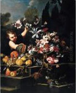 A Young Boy Arranging Flowers In
 An Urn With Peaches, Pears, Grapes, A Pomegranate And A Melon On A 
Stone Steps In A Garden