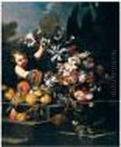 A Young Boy Arranging Flowers In
 An Urn With Peaches, Pears, Grapes, A Pomegranate And A Melon On Stone 
Steps In A Garden.