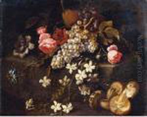 Still Life Of Fruit And Flowers
Resting On A Stone Ledge With Mushrooms In The Foreground by Abraham Brueghel