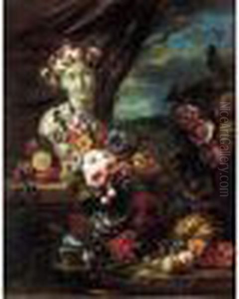 Nature Morte De Fruits Et De Fleurs Decorant Un Buste De Flore Dans Un Paysage - view 1