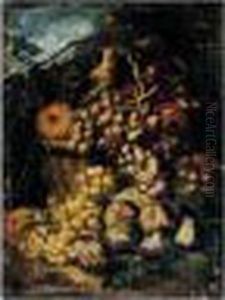 Still Life Of Red Grapes, A
Melon And Apples In A Wicker Basket, With Figs And White Grapes,
Together With A Song Bird, In A Landscape Setting by Abraham Brueghel
