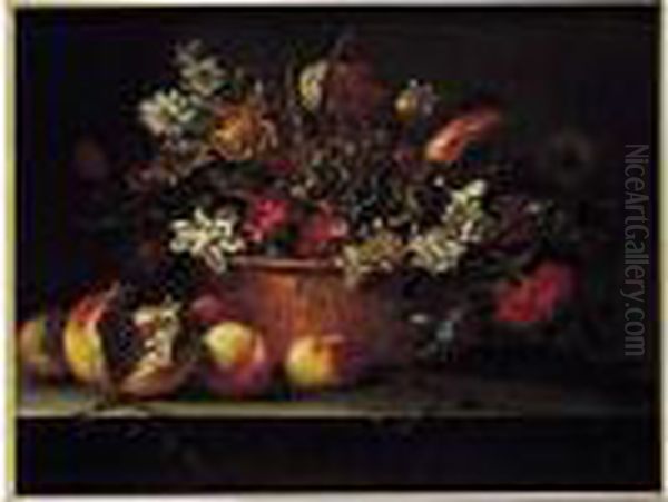 Bouquet De Fleurs Sur Un Entablement Avec Des Grenades - view 1
