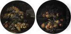 Grapes, Lemons, Oranges, Pears, 
Cherries, Peaches And Melons On Stone Ledges In Landscapes