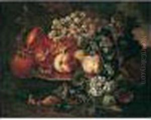 Still Life Of Peaches, 
Pomegranates And Grapes Upon A Pewter Plate, Together With Figs And 
Roses