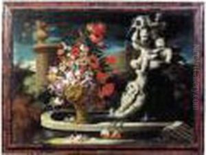 Fleurs Dans Un Vase Pose Sur La Margelle D'une Fontaine Fleurs Dans Un Vase Pose Sur La Margelle D'une Fontaine