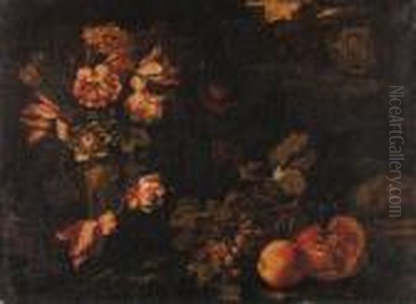 Tulips, Narcissi, Marigolds And
Other Flowers In An Urn, Withgrapes, A Pomegranate, An Apple And Other
Fruit On A Ledge, Anornamental Garden Beyond; And Grapes, Pomegranates, A
Slicedwatermelon, Figs, Apples And Other Fruit On A Forest Floor
Besid - view 1