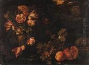 Tulips, Narcissi, Marigolds And
Other Flowers In An Urn, Withgrapes, A Pomegranate, An Apple And Other
Fruit On A Ledge, Anornamental Garden Beyond; And Grapes, Pomegranates, A
Slicedwatermelon, Figs, Apples And Other Fruit On A Forest Floor
Besid by Abraham Brueghel