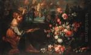A Girl Picking Grapes, By A
Bunch Of Roses, Narcissi, Poppies,carnations, Lilies, Morning Glory,
Chrysanthemum And Other Flowersin An Ornamental Vase With Plums And
Apples, In A Landscape; And Agirl With An Infant Arranging A Still Life
Of Roses, by Abraham Brueghel