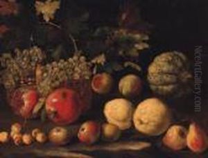 Grapes In A Basket With A Melon, Pomegranates, Peaches, Pears,apples And Cherries by Abraham Brueghel