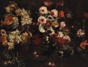 Roses, Carnations, Peonies And 
Other Flowers In An Urn With Grapes,a Melon And Peaches On A Ledge