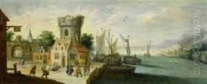 Flemish Harbour With The Biblical Scene "christ Meets Peter"