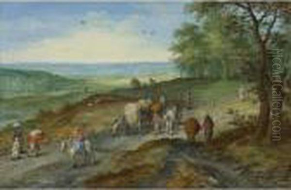 A Panoramic Landscape With A Covered Wagon And Travelers On Ahighway - view 1