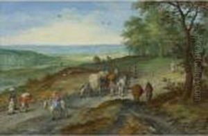 A Panoramic Landscape With A Covered Wagon And Travelers On Ahighway
