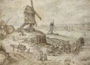 A Landscape With Windmills, Travellers And Wagons In The Foregroundand A Town Beyond by Jan The Elder Brueghel