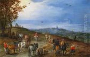 Weite Landschaft Mitpferdekarren, Reitern Und Wanderern
