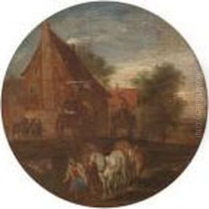 Charette Et Paysans Dans Une Cour De Ferme by Jan The Elder Brueghel