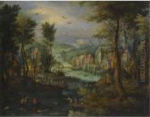 A River Landscape With Figures Bathing And A Village Beyond by Jan The Elder Brueghel