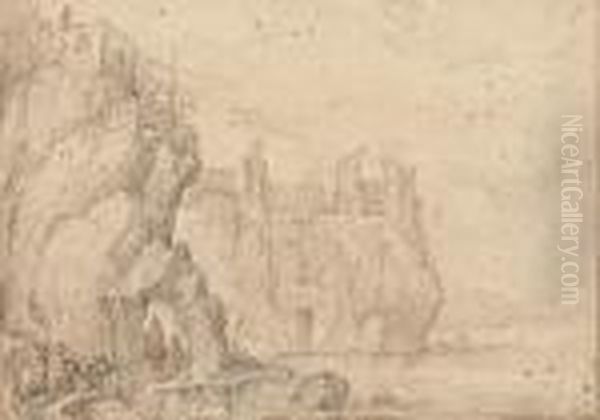 Travellers On Horseback In A Mountainous Landscape With Towering Ruins - view 1