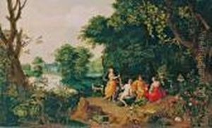 Waldlandschaft Mit Bacchus Und Drei Gottinnen by Jan The Elder Brueghel