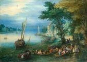 A River Landscape With Figures Disembarking From A Ferry
