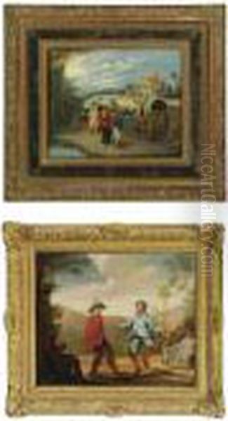 A Landscape With Elegant Figures
And Two Peasants On A Road Near A Covered Wagon, An Inn Beyond - view 1