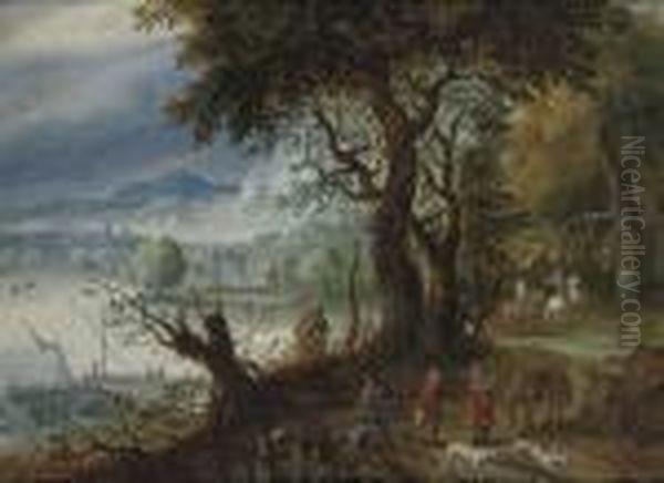 A Wooded River Landscape With A Hunting Party On A Track, Shipping And Villages Beyond - view 1
