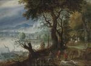A Wooded River Landscape With A Hunting Party On A Track, Shipping And Villages Beyond by Jan The Elder Brueghel