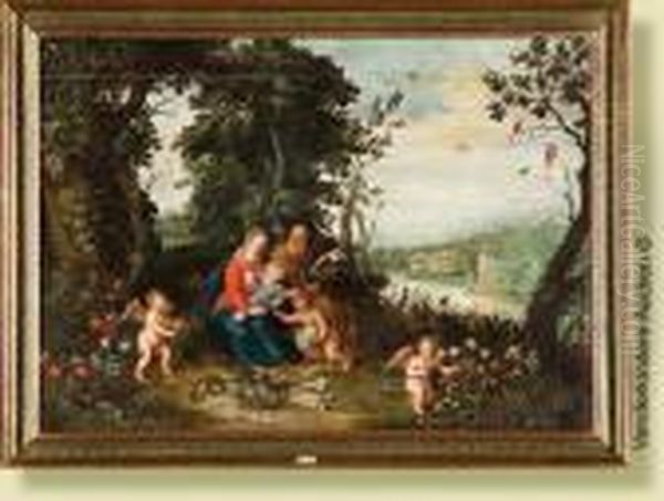 La Sainte Famille Entouree D'angelots Sur Une Berge Fleurie - view 1