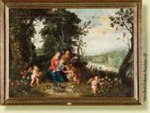 La Sainte Famille Entouree D'angelots Sur Une Berge Fleurie by Jan The Elder Brueghel