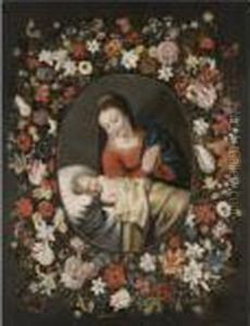 The Virgin And Sleeping Christ Child Surrounded By A Garland Offlowers