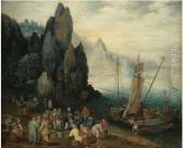 A Rocky Coastal Landscape With Fishermen Unloading Their Catch,craggy Mountains Beyond - view 1