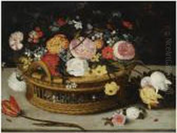 Still Life Of Roses, Tulips, 
Chrysanthemums, Anemones And Otherflowers, All In A Basket On Stone 
Ledge, Together With A Lady-birdand A Tiny Beetle - view 1