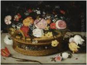 Still Life Of Roses, Tulips, 
Chrysanthemums, Anemones And Otherflowers, All In A Basket On Stone 
Ledge, Together With A Lady-birdand A Tiny Beetle