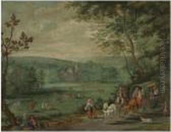 Wooded Landscape With Travellers In A Horse And Cart On A Path, Achateau Beyond - view 1