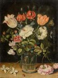 Flowers In A Glass Vase. by Jan The Elder Brueghel