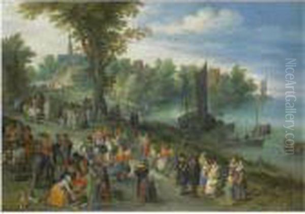 The Edge Of A Village With 
Figures Dancing On The Bank Of A Riverand A Fish-seller And A Self 
Portrait Of The Artist In Theforeground - view 1