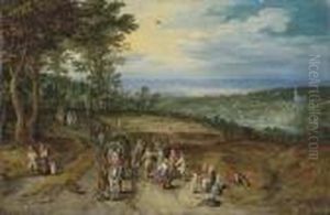An Extensive Wooded Landscape
With Travellers On A Track Andpeasants Dancing In The Foreground by Jan The Elder Brueghel