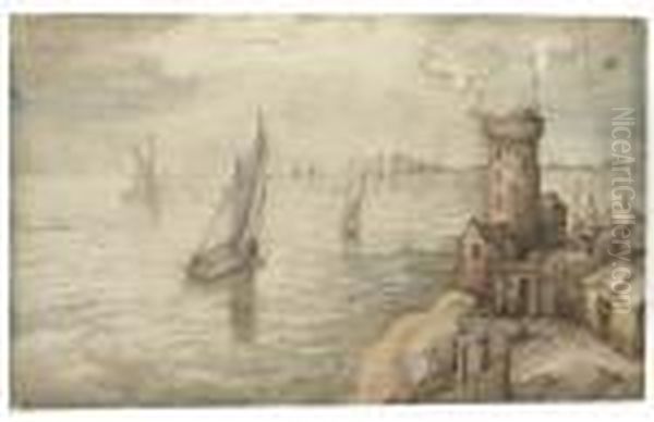 Fishing Boats Off The Coast By A Harbour Town - view 1