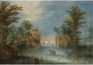 A River Landscape With Figures In A Rowing Boat Before A Village by Jan The Elder Brueghel