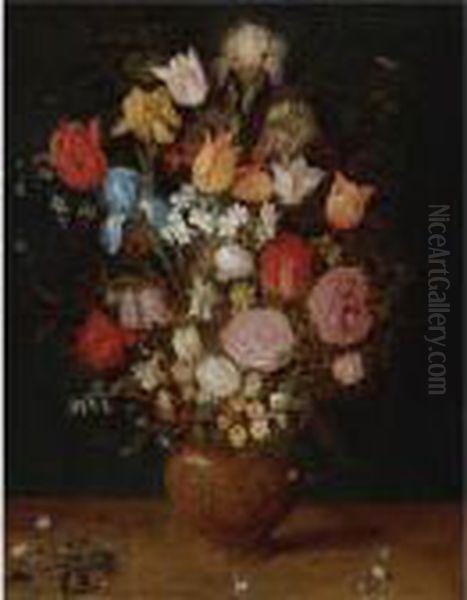 Still Life With Tulips, Irises, Narcissi And Fritillaria In A Clay Vase - view 1