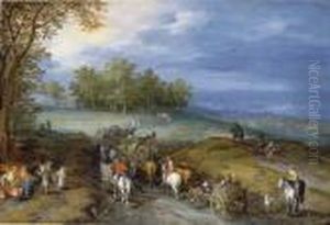 A Extensive Open Landscape With Travellers On A Path by Jan The Elder Brueghel
