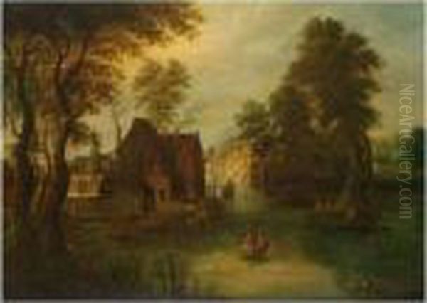 A River Landscape With Figures In Boats, Near A Village - view 1