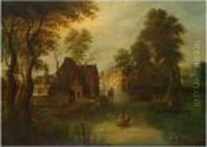 A River Landscape With Figures In Boats, Near A Village by Jan The Elder Brueghel