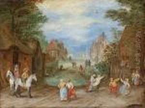 A Village Street With Peasants Dancing And Horsemen Looking On by Jan The Elder Brueghel