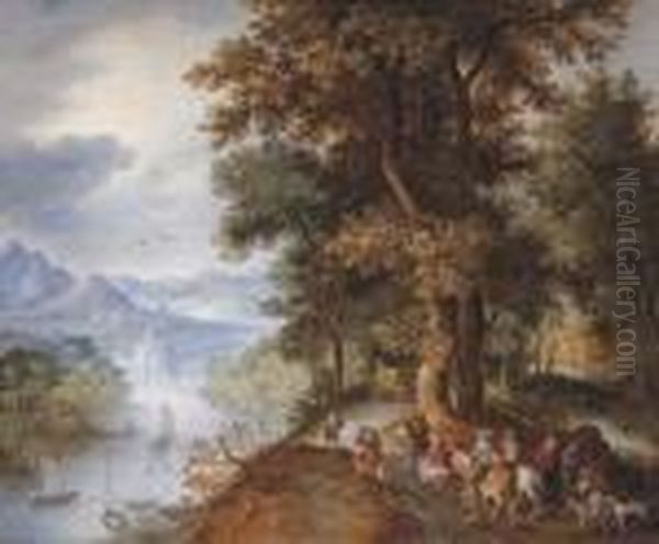 An Extensive Mountainous River 
Landscape With Horsemen And Figuresreturning From The Falconry, Villages
 In The Valley Beyond - view 1
