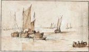 River Estuary With Sailing Barges Off Shore by Jan The Elder Brueghel
