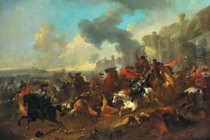 A cavalry engagement before a fortified town by Jan von Huchtenburgh