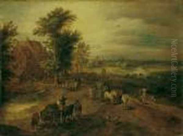Fuhrwerken. Ol Auf Holz. H 32,5; B 44 Cm - view 1