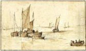 A River Estuary With Sailing Barges Off Shore by Jan The Elder Brueghel